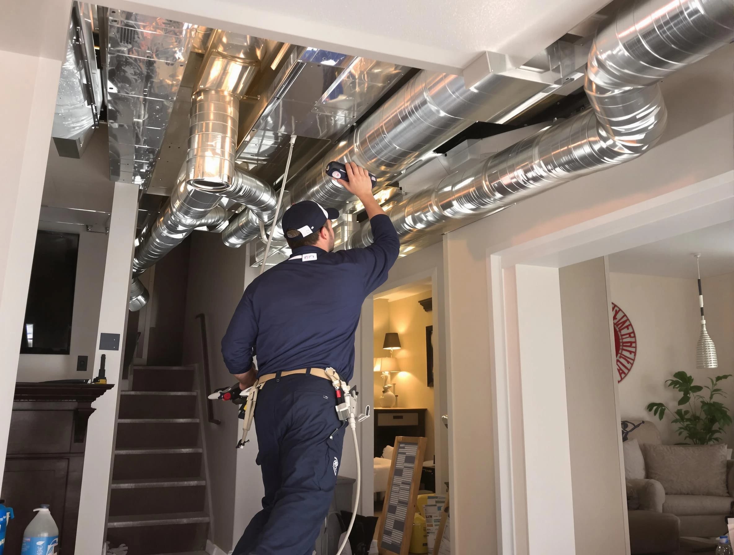 Los Ranchos de Albuquerque Air Duct Cleaning expert performing specialized duct cleaning in a mobile home in Los Ranchos de Albuquerque