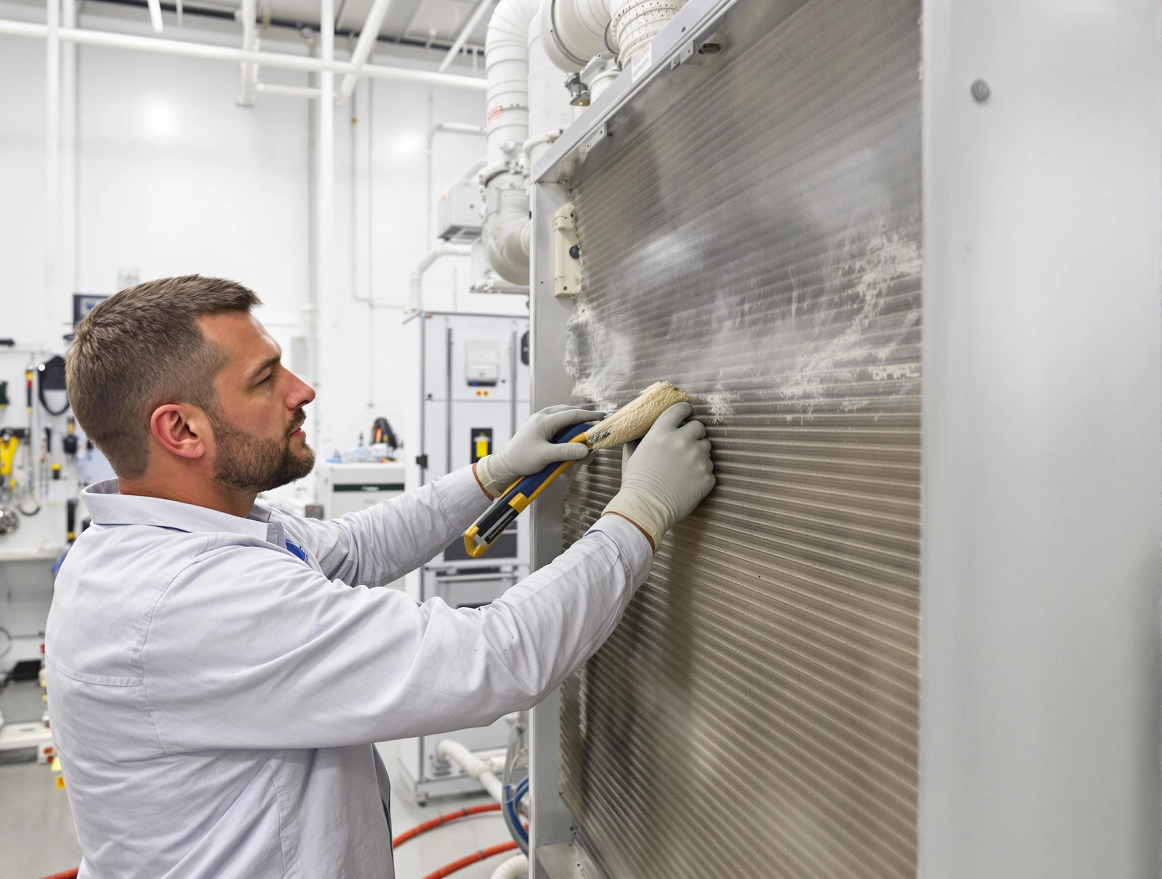 Los Ranchos de Albuquerque Air Duct Cleaning technician performing precision commercial coil cleaning at a Los Ranchos de Albuquerque business