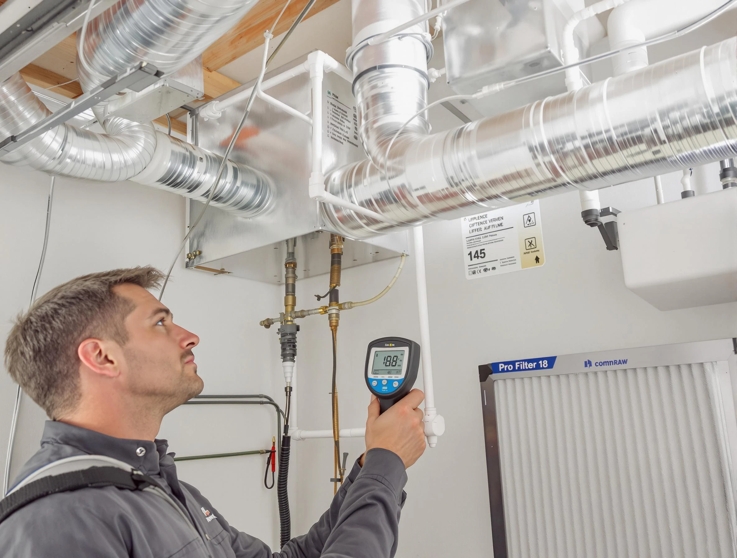 Los Ranchos de Albuquerque Air Duct Cleaning expert conducting detailed filter system inspection using diagnostic tools in Los Ranchos de Albuquerque